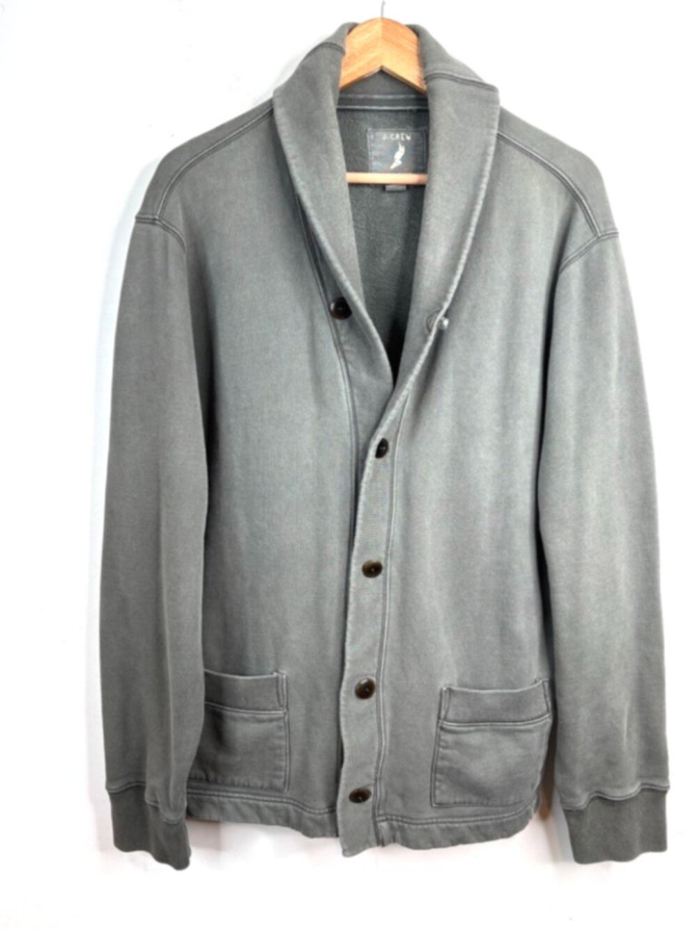 J Crew Vintage Fleece Shawl Collar Cardigan Mens XL Sage Green Cotton Pockets